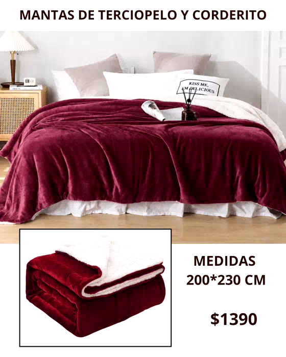 Manta en Terciopelo y Corderito Bordo Oscuro